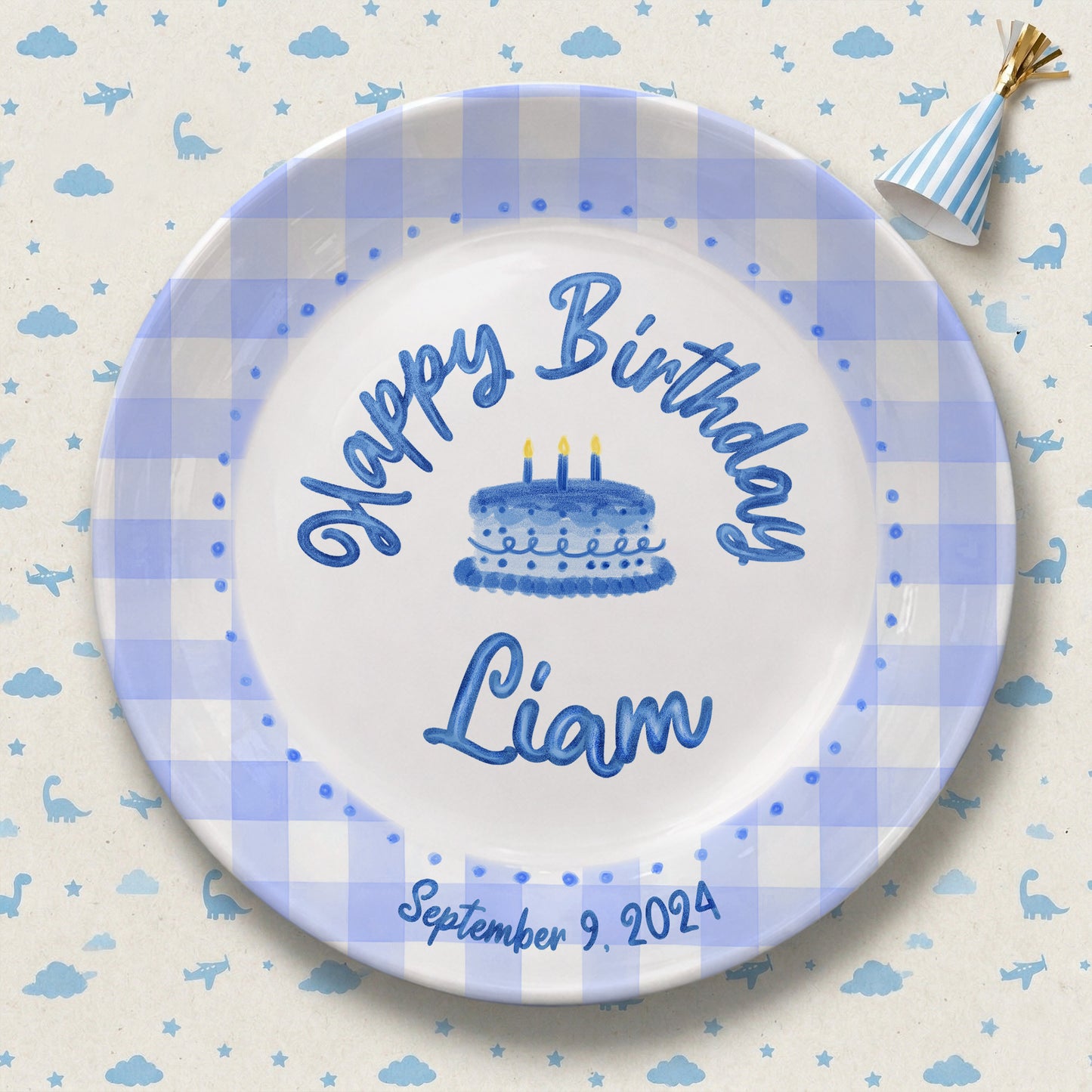 Blue Gingham Border with Blue Birthday Cake Personalized Birthday Plate P415SDU0