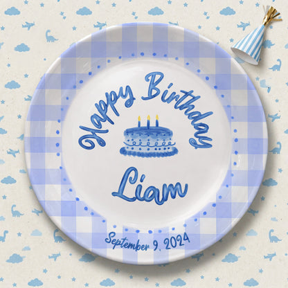 Blue Gingham Border with Blue Birthday Cake Personalized Birthday Plate P415SDU0