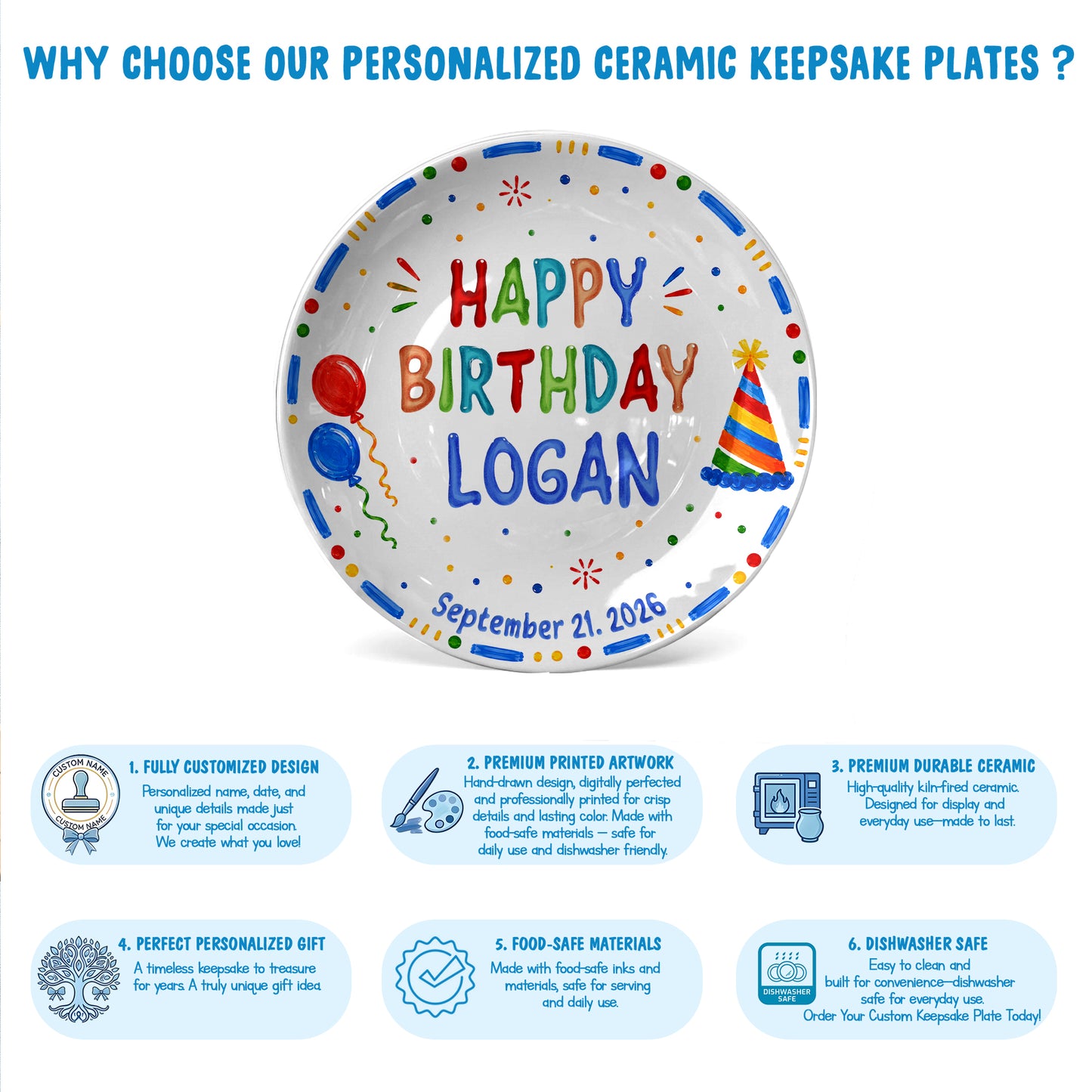 Colorful Balloon and Party Hat Birthday Personalized Birthday Plate P528XA40