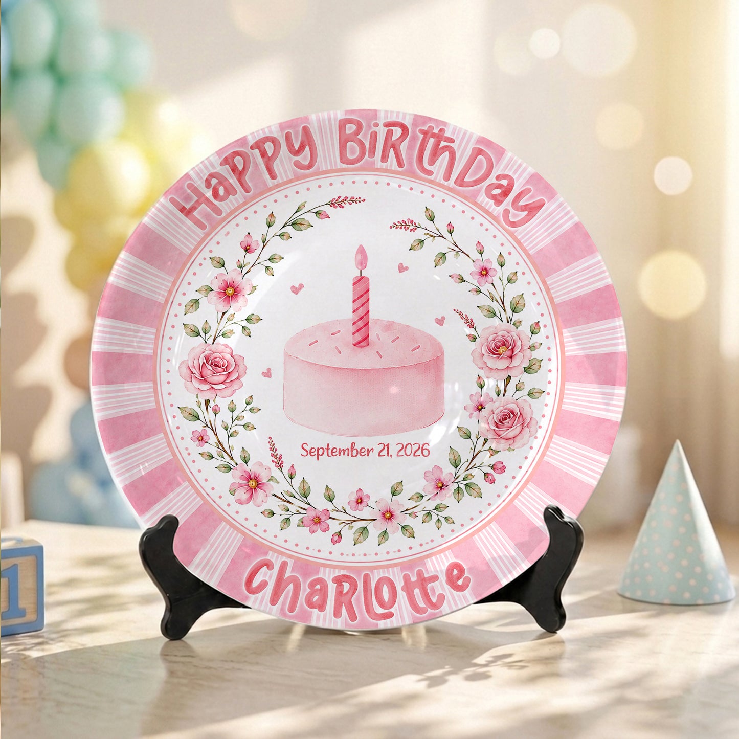 Pink Floral Cake Keepsake Personalized Birthday Plate for Baby Girls P872UD0