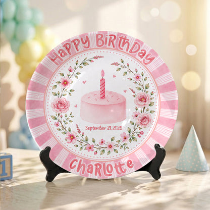 Pink Floral Cake Keepsake Personalized Birthday Plate for Baby Girls P872UD0