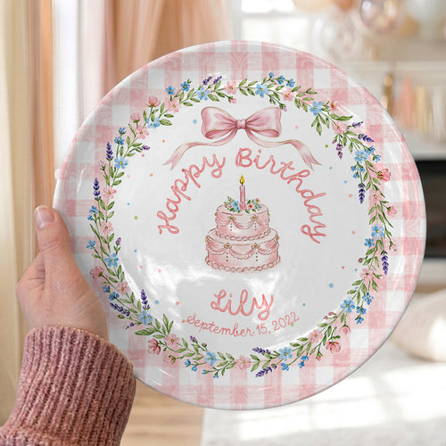 Pink Gingham Bow Cake Personalized Birthday Plate P423V6P0