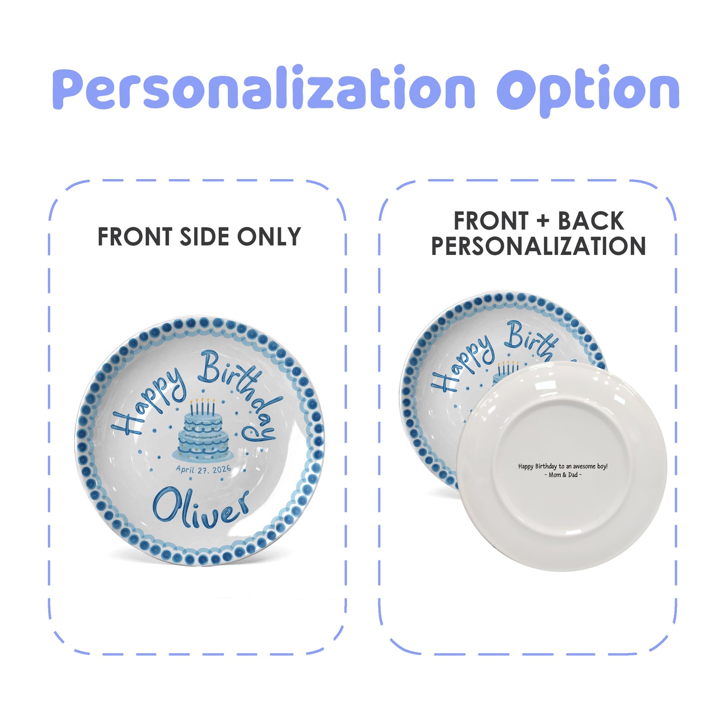 Blue Dotted Border and Cake Personalized Birthday Plate P32WRE0