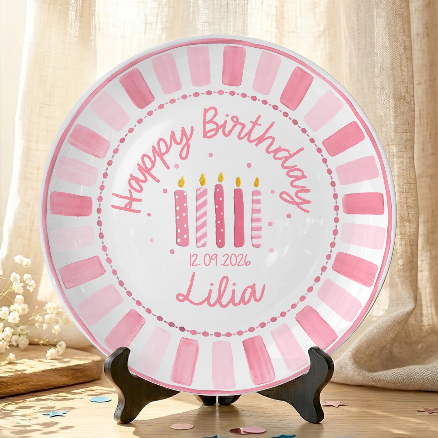 Pink Striped Border with Pink Birthday Candles Personalized Birthday Plate P481HC0