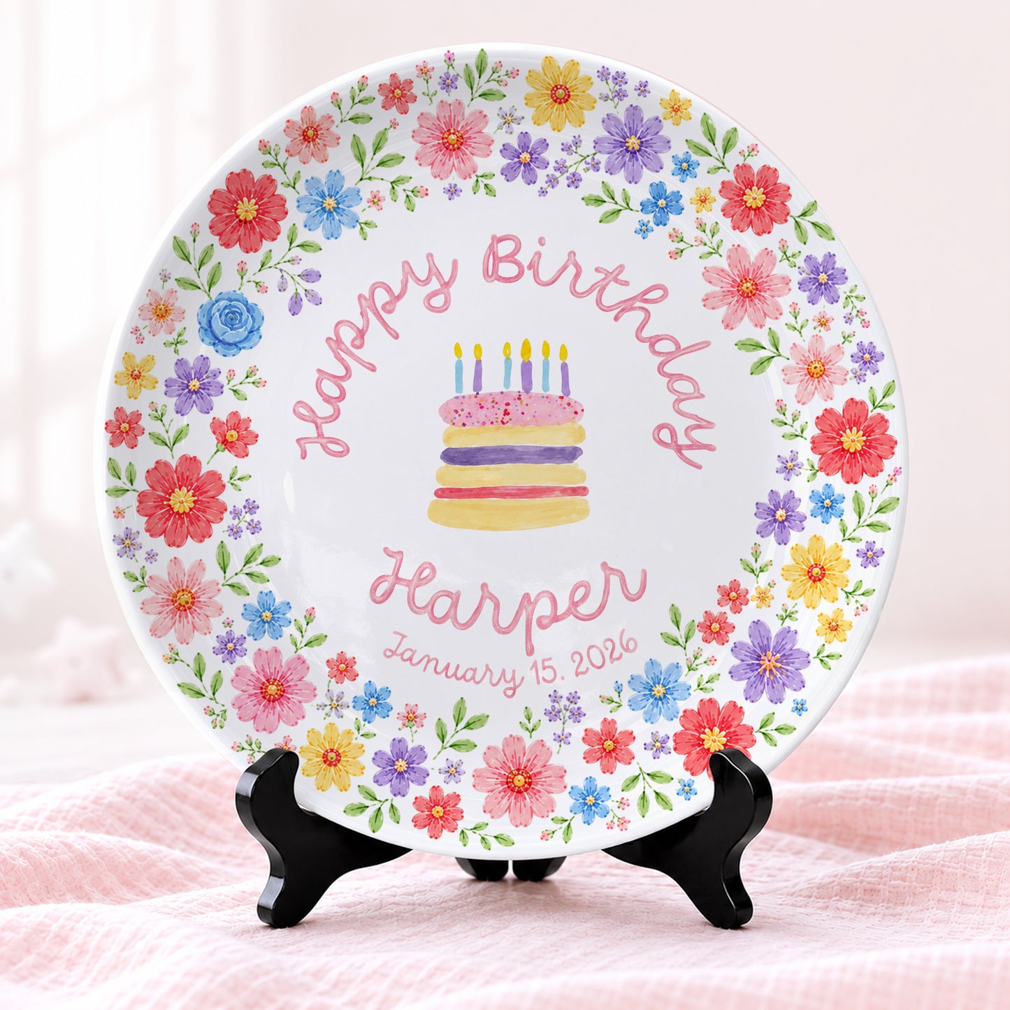 Colorful Floral Cake Personalized Birthday Plate D610EAF0