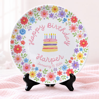 Colorful Floral Cake Personalized Birthday Plate D610EAF0