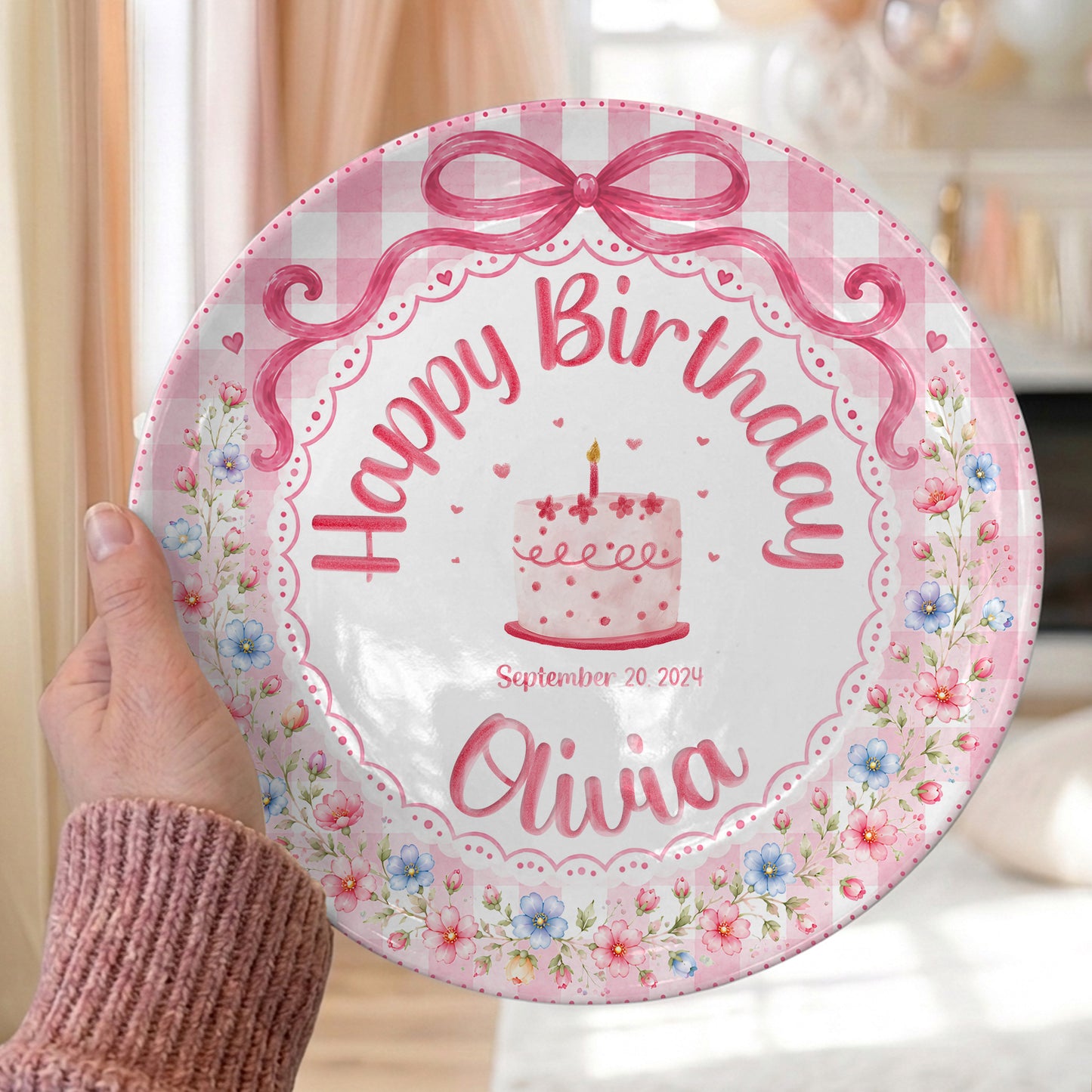 Pink Gingham Floral Bow Cake Personalized Birthday Plate for Girls P520UDC0