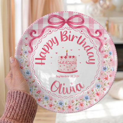 Pink Gingham Floral Bow Cake Personalized Birthday Plate for Girls P520UDC0