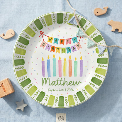 Green Striped Leaf Border with Birthday Banner and Colorful Candles Personalized Birthday Plate P66QSJ0