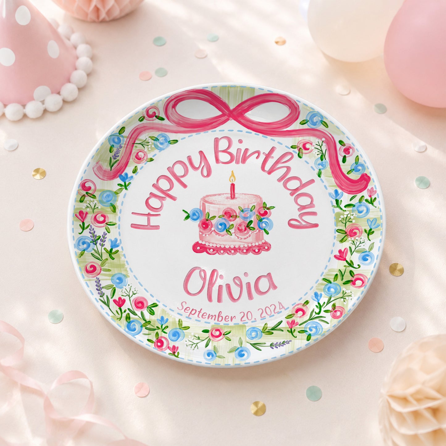 Pink Bow Floral Cake Personalized Birthday Plate P64HKN0