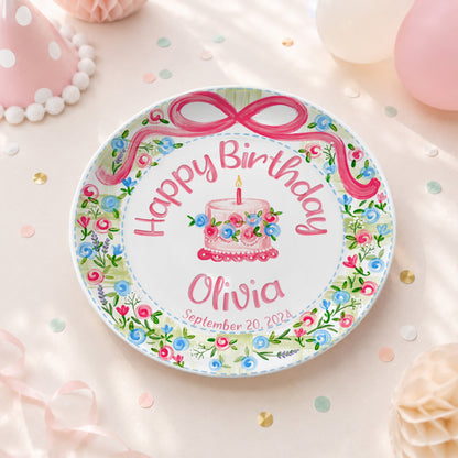 Pink Bow Floral Cake Personalized Birthday Plate P64HKN0