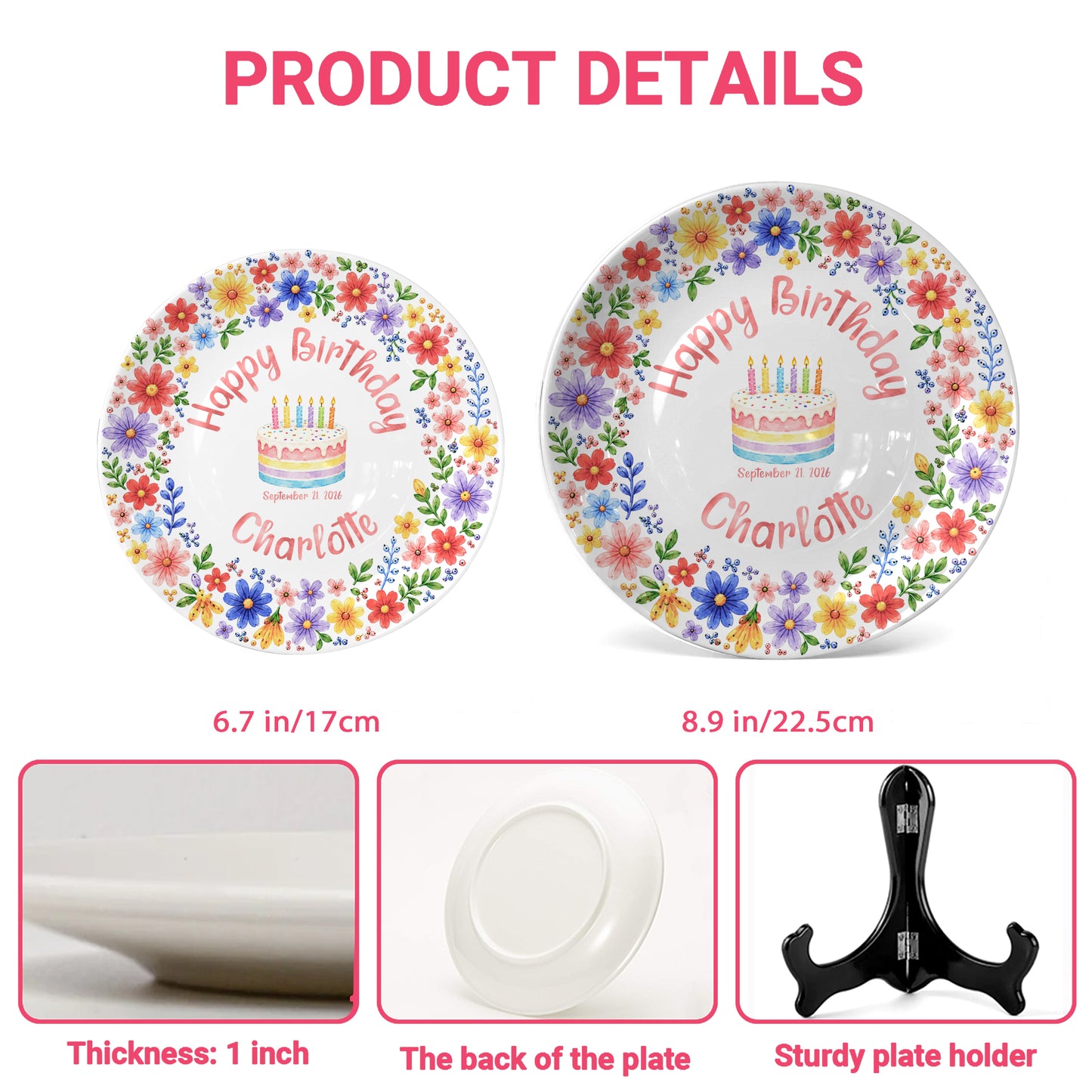 Custom Name Floral Birthday Cake Personalized Birthday Plate for Kids P619KWJ0