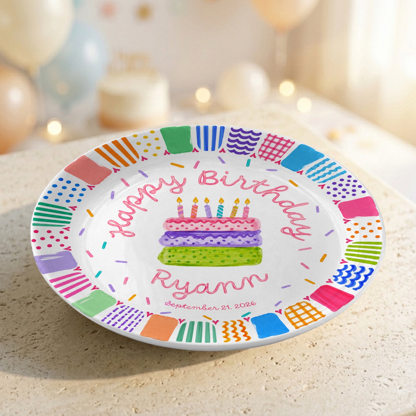 Colorful Happy Birthday Cake Keepsake Custom Name Personalized Birthday Plate P821LW10