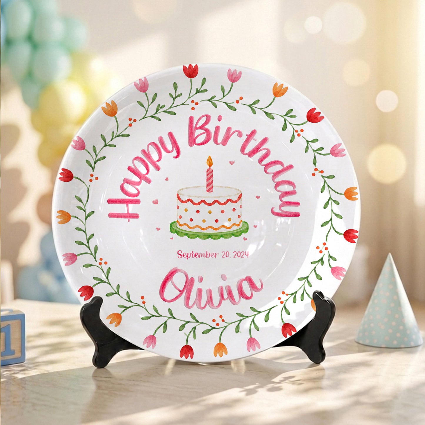 Tulip Floral Personalized Birthday Plate for Kids, Custom Name and Date Ceramic Keepsake P85E4U0