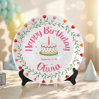 Tulip Floral Personalized Birthday Plate for Kids, Custom Name and Date Ceramic Keepsake P85E4U0