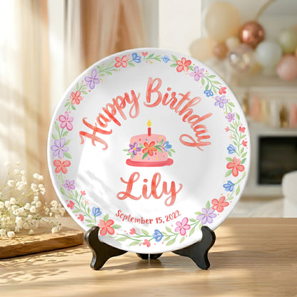 Floral Wreath with Pink Birthday Cake Personalized Birthday Plate P415Q5C0