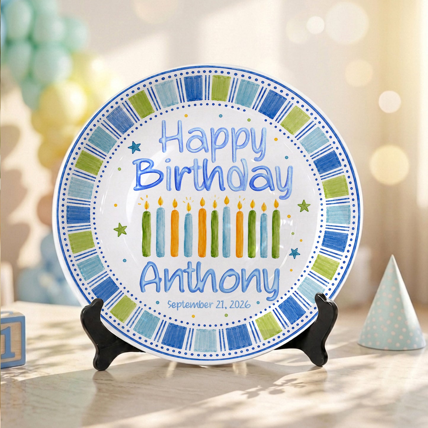Blue Candle Celebration Personalized Birthday Plate for Kids Ceramic Keepsake Gift P728GIG0