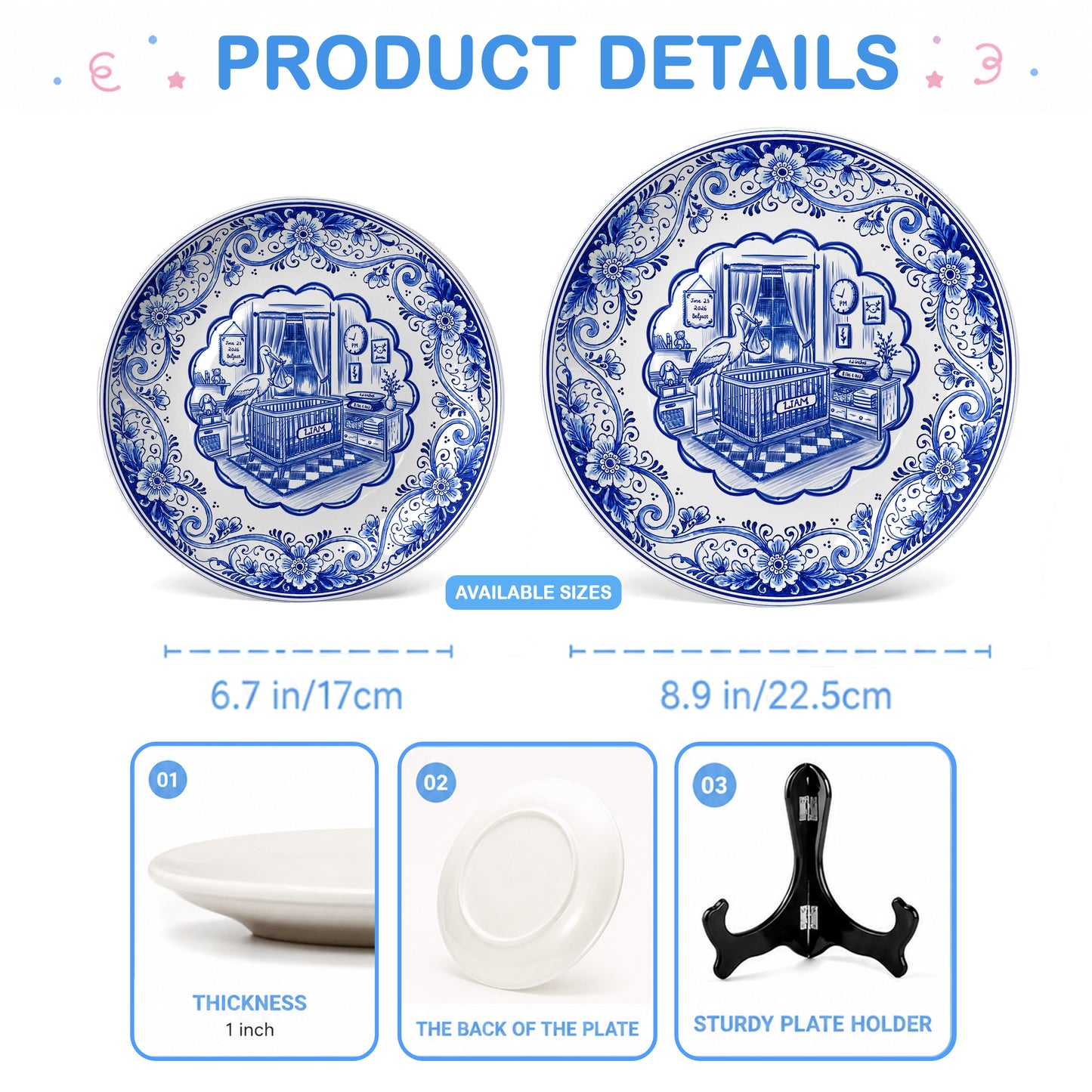 Delft Blue Newborn Birth Stats Custom Ceramic Keepsake Personalized Birthday Plate P820H8A0