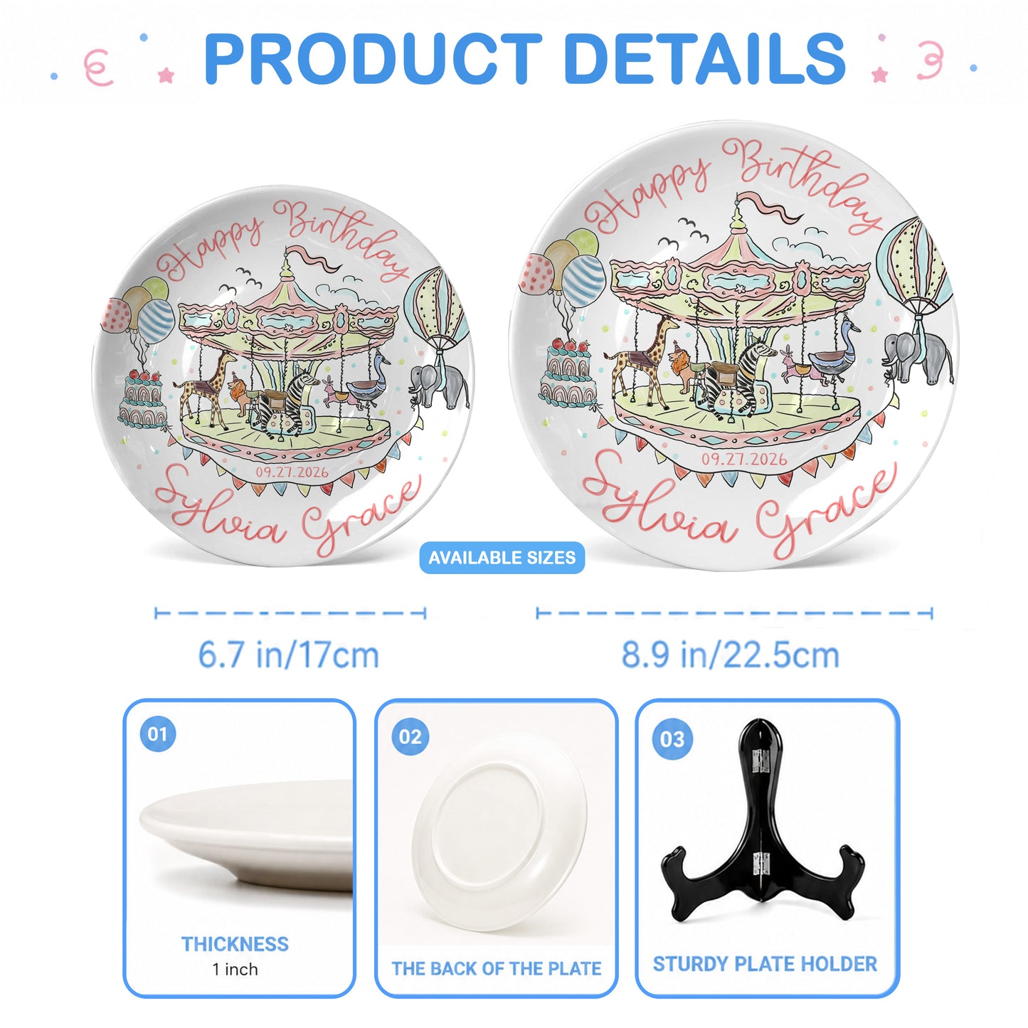 Carousel Animal Personalized Birthday Plate for Kids Custom Ceramic Keepsake P810QSG0