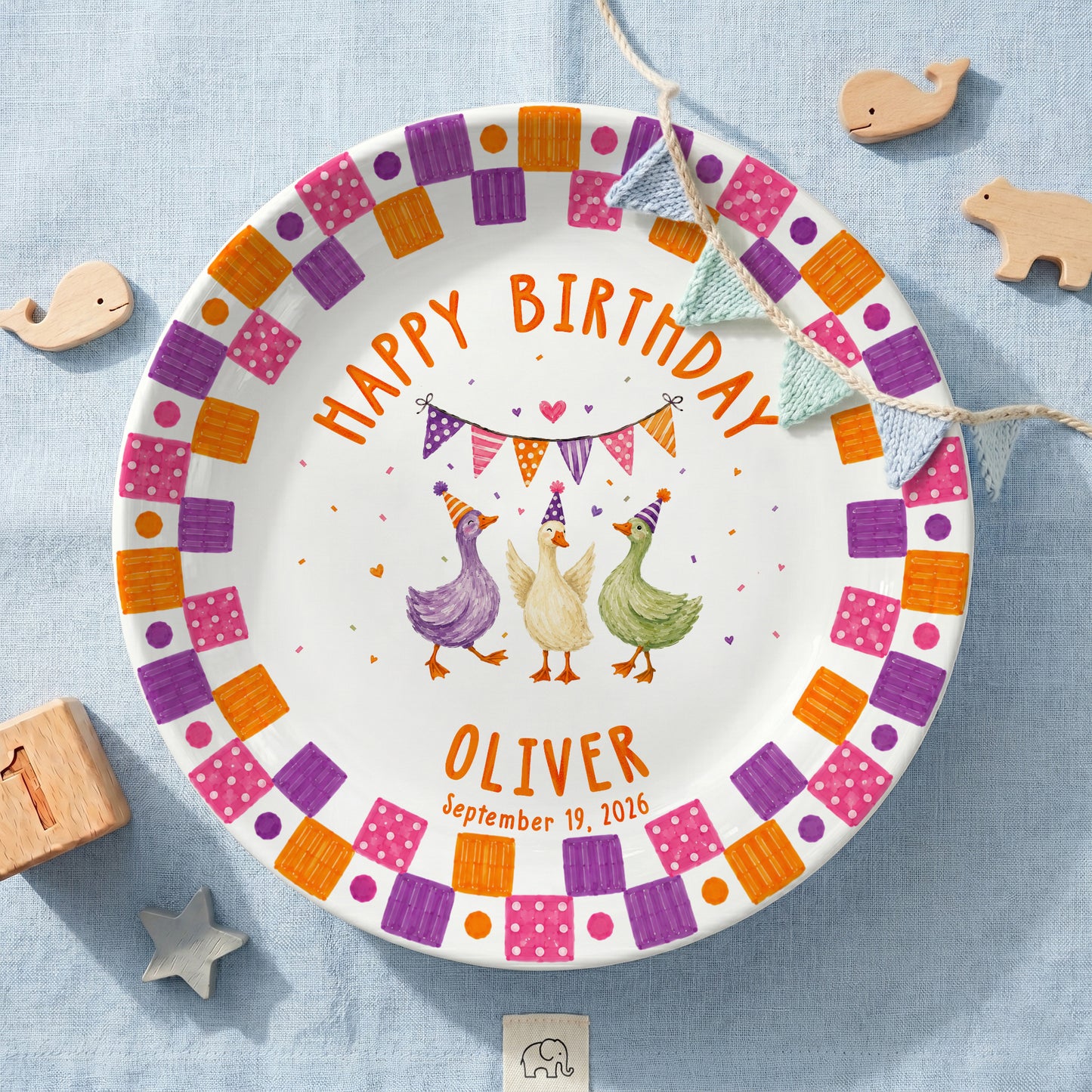 Orange Purple and Pink Checker Border with Party Ducks Personalized Birthday Plate P611QZK0