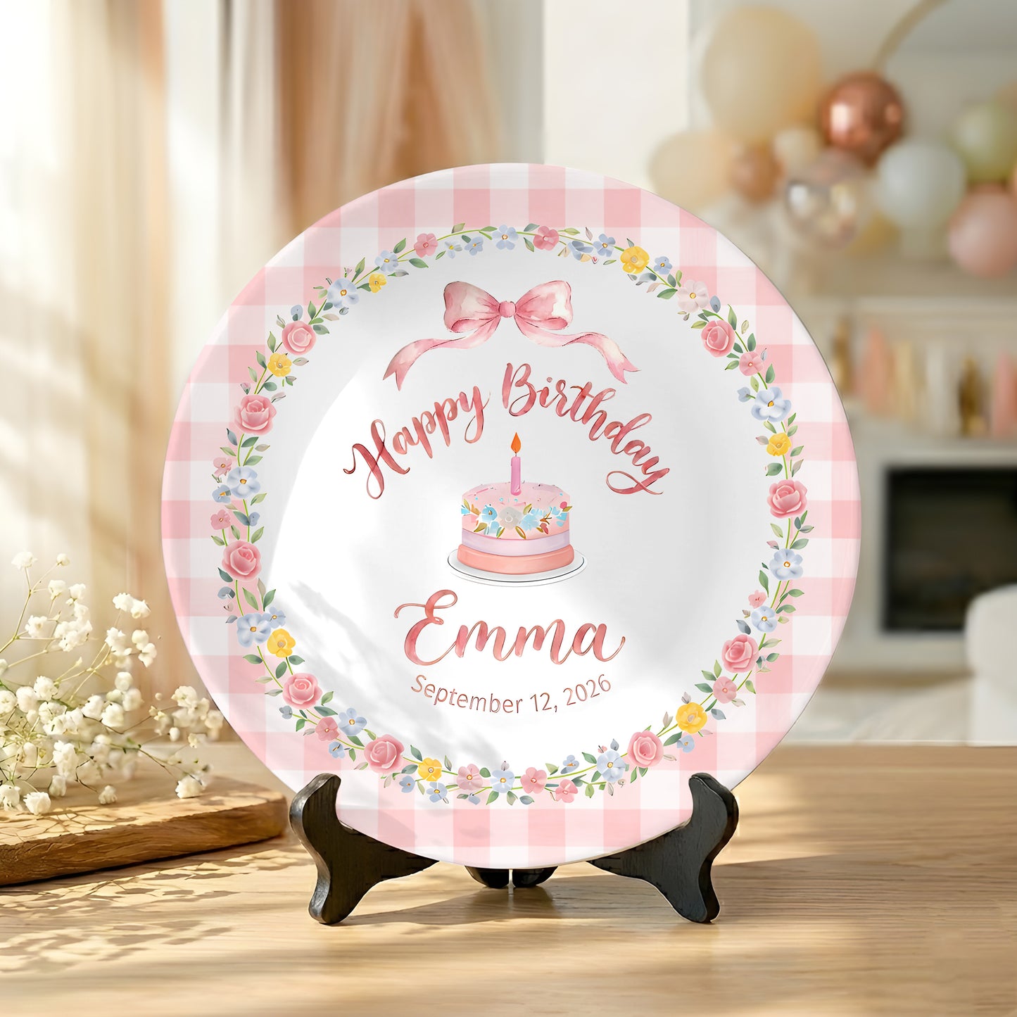 Pink Gingham Border with Floral Wreath Bow Personalized Birthday Plate P4151HJ0