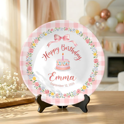 Pink Gingham Border with Floral Wreath Bow Personalized Birthday Plate P4151HJ0