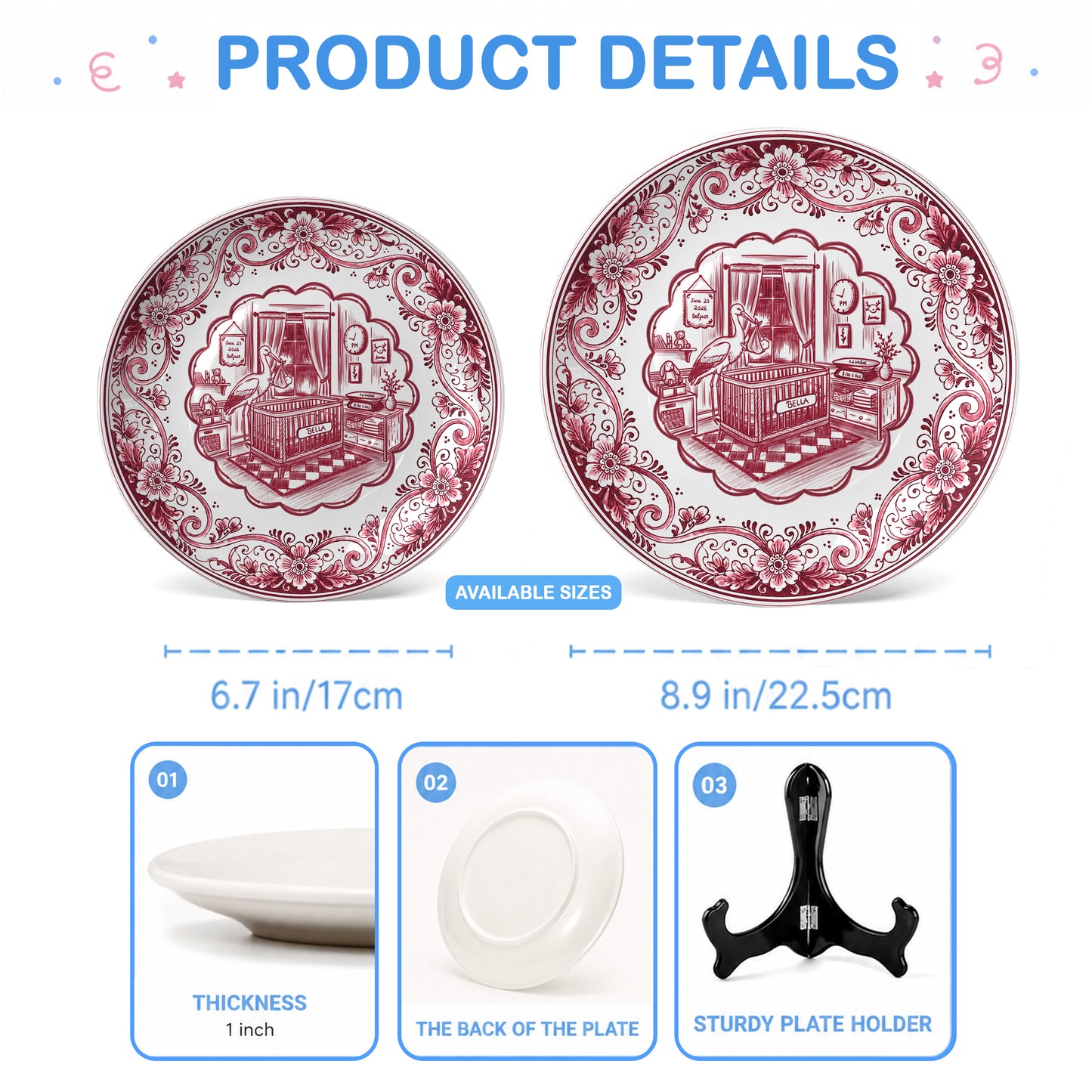 Pink Delft Newborn Birth Announcement Custom Ceramic Personalized Birthday Plate P820NIX0