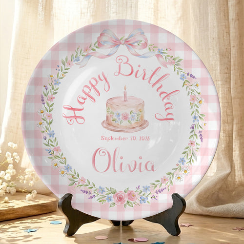 Pink Gingham Bow and Floral Wreath Cake Personalized Birthday Plate P415RRC0