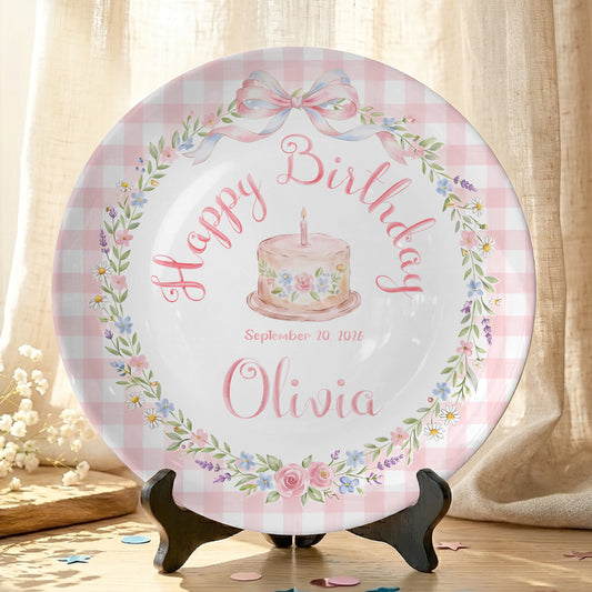 Pink Gingham Bow and Floral Wreath Cake Personalized Birthday Plate P415RRC0