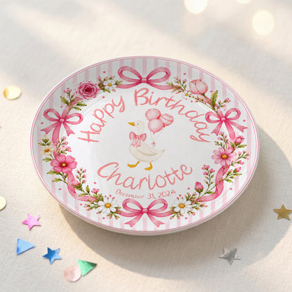 Pink Gingham Goose Keepsake Personalized Birthday Plate P718Q670