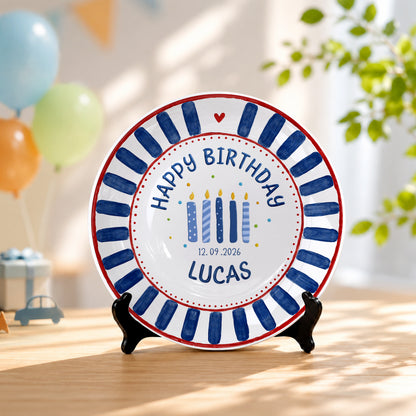 Blue Striped Birthday Candles Personalized Birthday Plate P626KF7TT