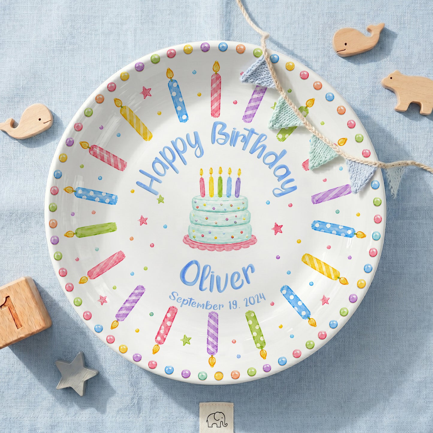 Rainbow Candle Confetti Cake Personalized Birthday Plate P617UUI0