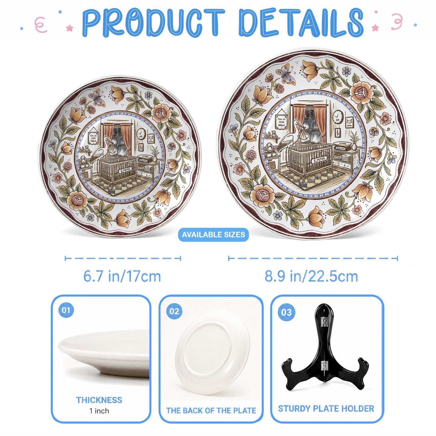 Floral Goose Baby Birth Stats Custom Ceramic Personalized Birthday Plate P825ZLY0