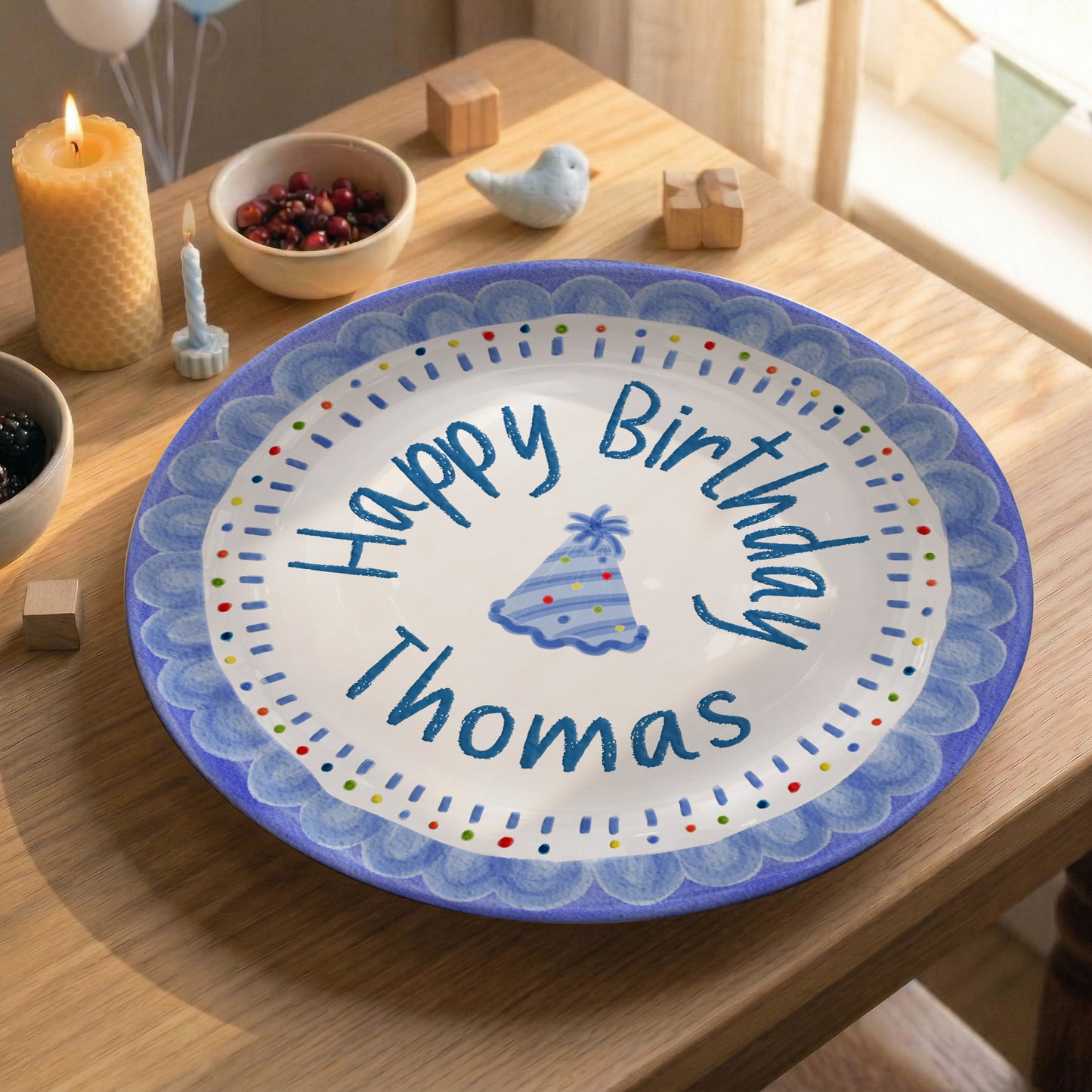 Blue Crayon Scallop Border with Party Hat Personalized Birthday Plate P511RLQ0