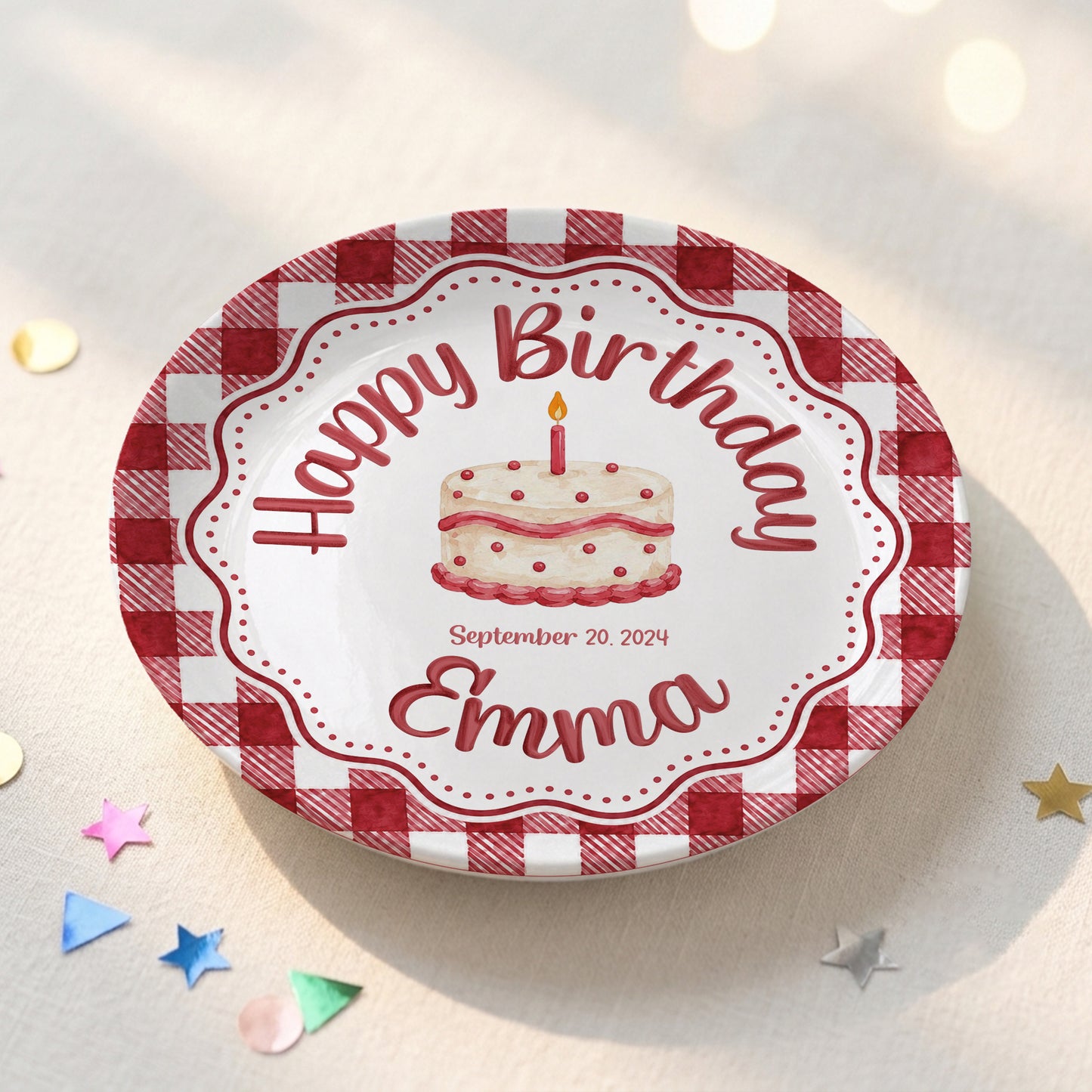 Red Gingham Birthday Cake Keepsake Personalized Birthday Plate P718CMU0