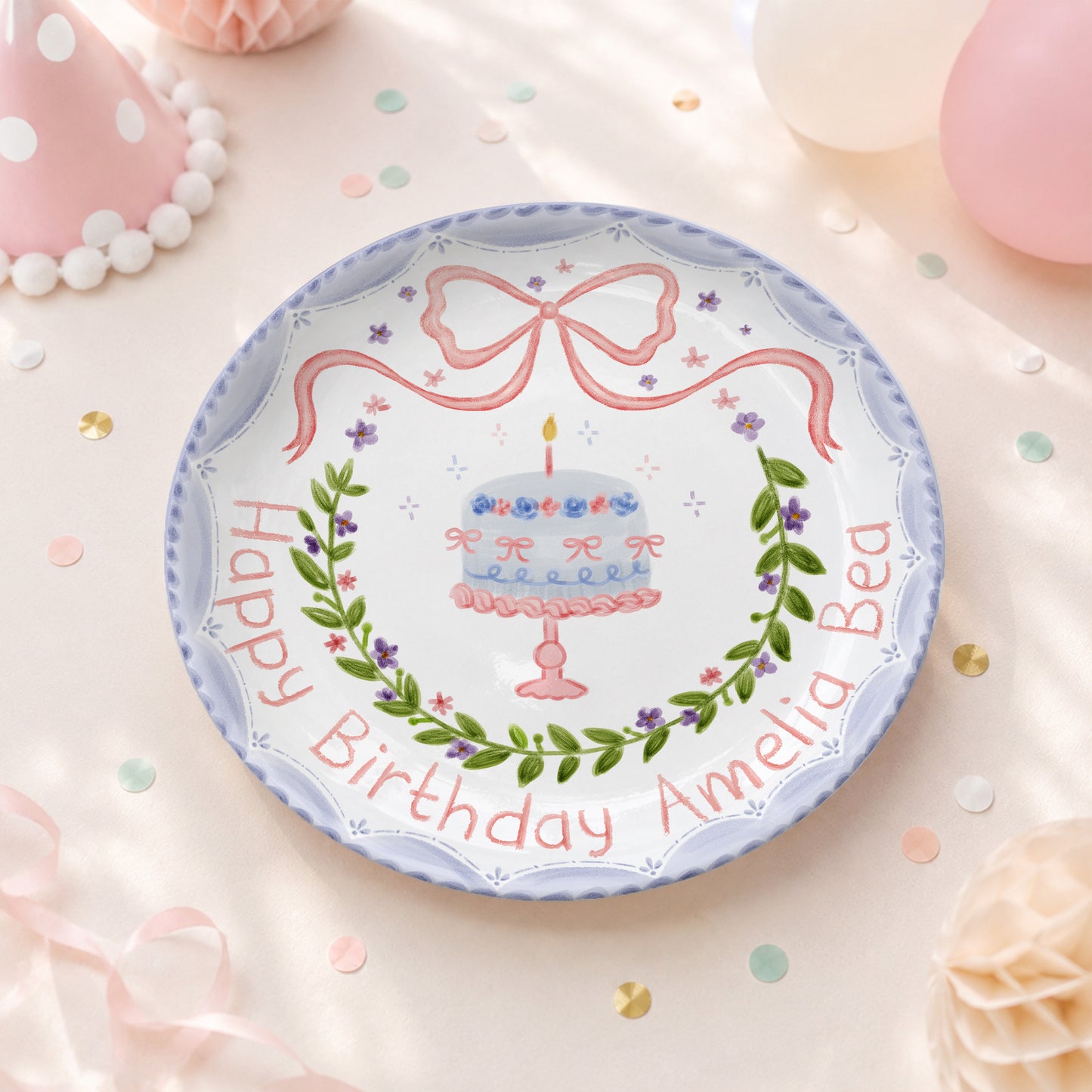 Pink Bow and Lavender Floral Wreath Cake Stand Personalized Birthday Plate P62GQC0