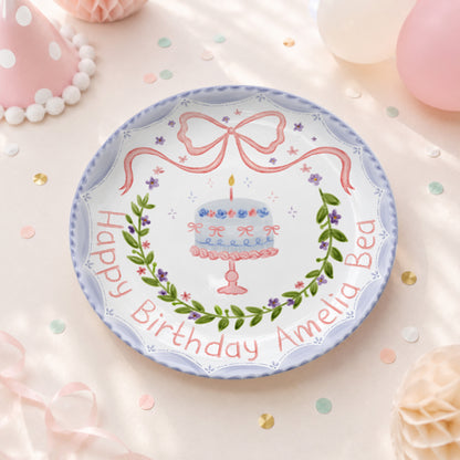 Pink Bow and Lavender Floral Wreath Cake Stand Personalized Birthday Plate P62GQC0