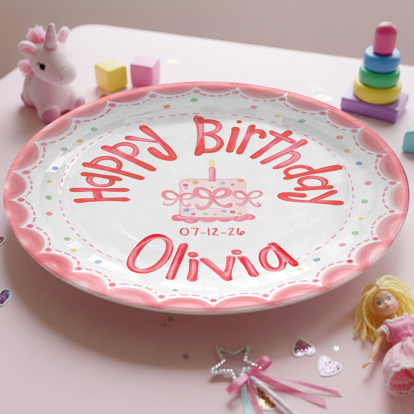 Pink Scalloped Border Personalized Birthday Plate P318HLY0