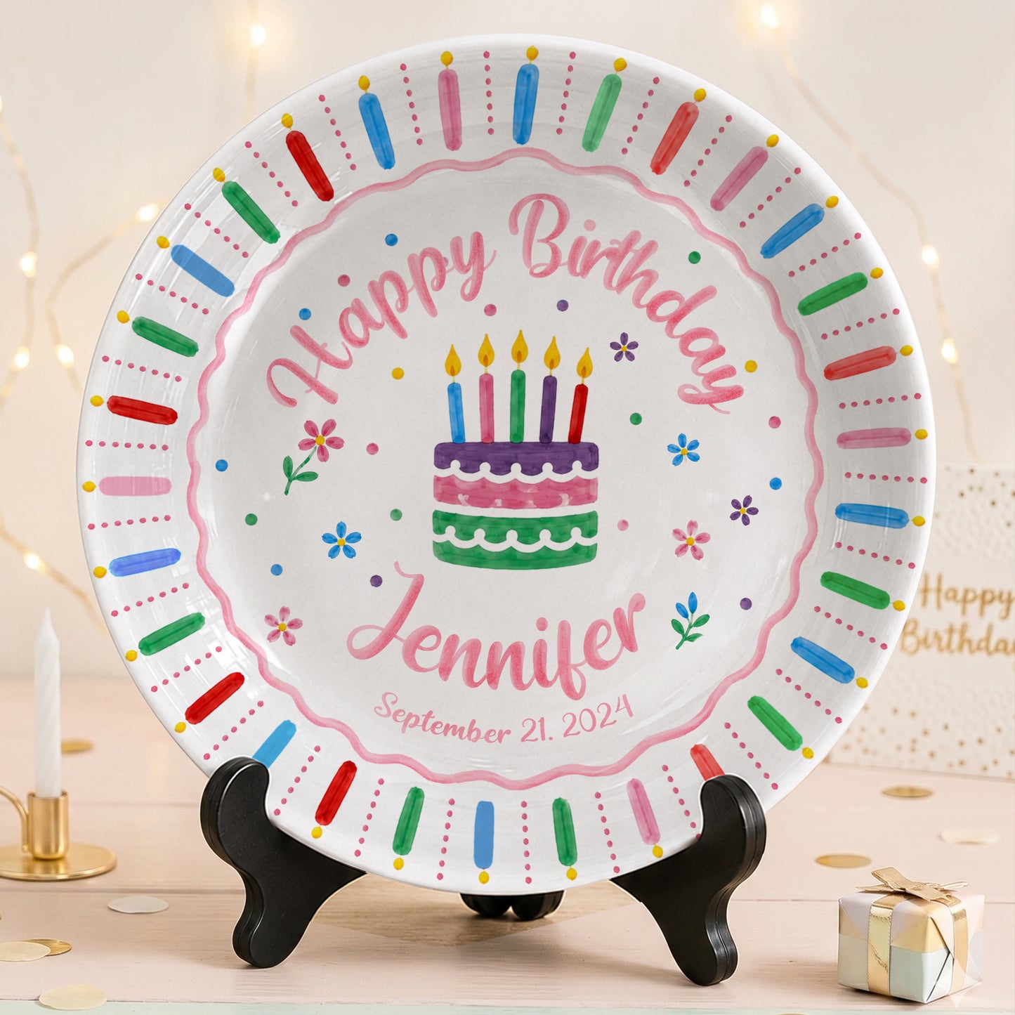 Colorful Birthday Cake Keepsake Personalized Birthday Plate for Kids D6250W50