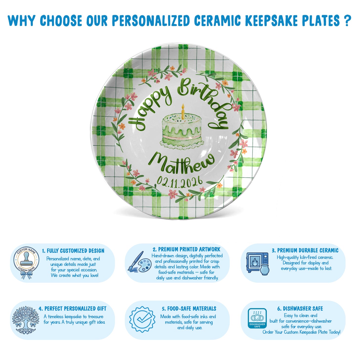Green Gingham Daisy Birthday Keepsake Personalized Birthday Plate P627TBG0