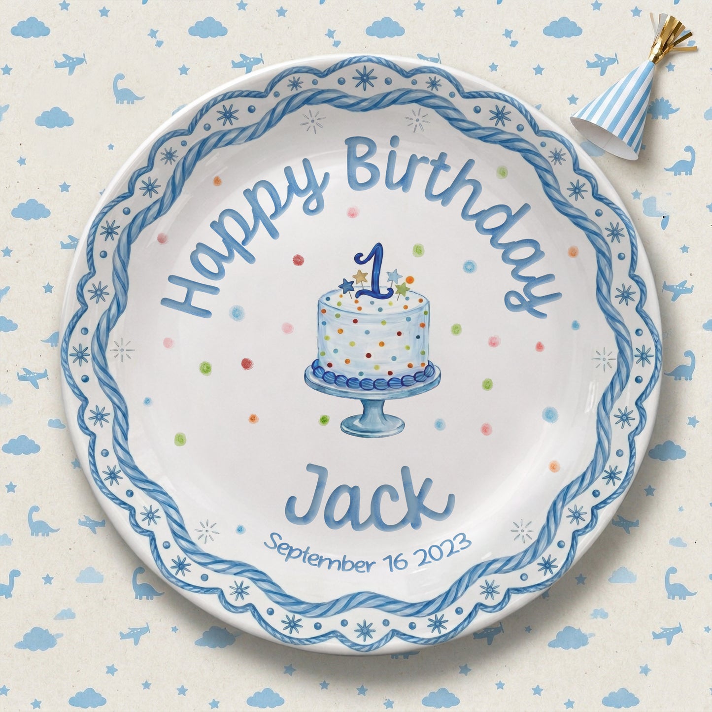 Blue Scallop Border Personalized Birthday Plate P417LAJ0