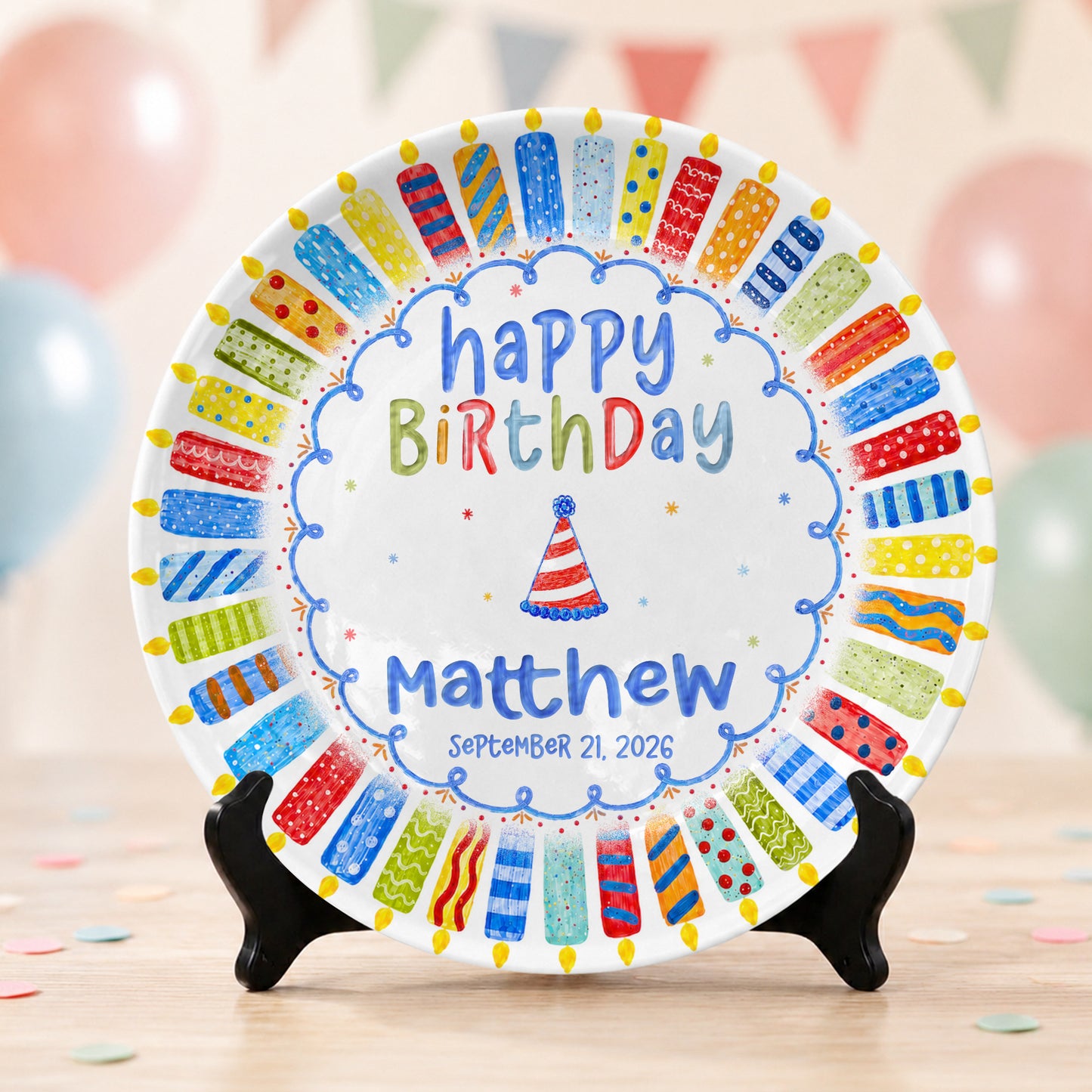 Colorful Candle Celebration Custom Name Ceramic Keepsake Personalized Birthday Plate P82509W0