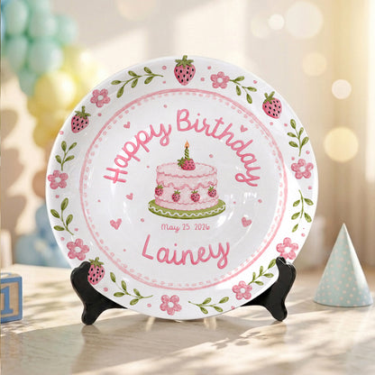 Strawberry Floral Cake Keepsake Ceramic Personalized Birthday Plate for Kids P83M4Y0