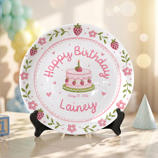 Strawberry Floral Cake Keepsake Ceramic Personalized Birthday Plate for Kids P83M4Y0