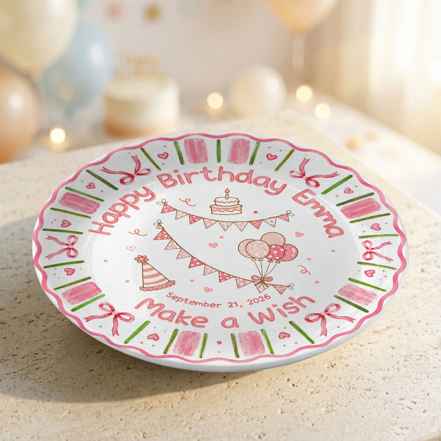 Pink Floral Girl Cake Balloon Make Wish Personalized Birthday Plate P810UCS0
