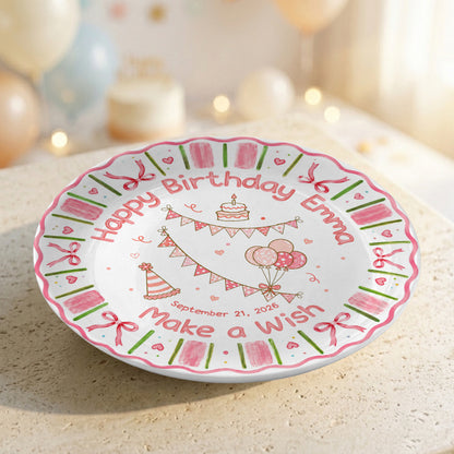 Pink Floral Girl Cake Balloon Make Wish Personalized Birthday Plate P810UCS0
