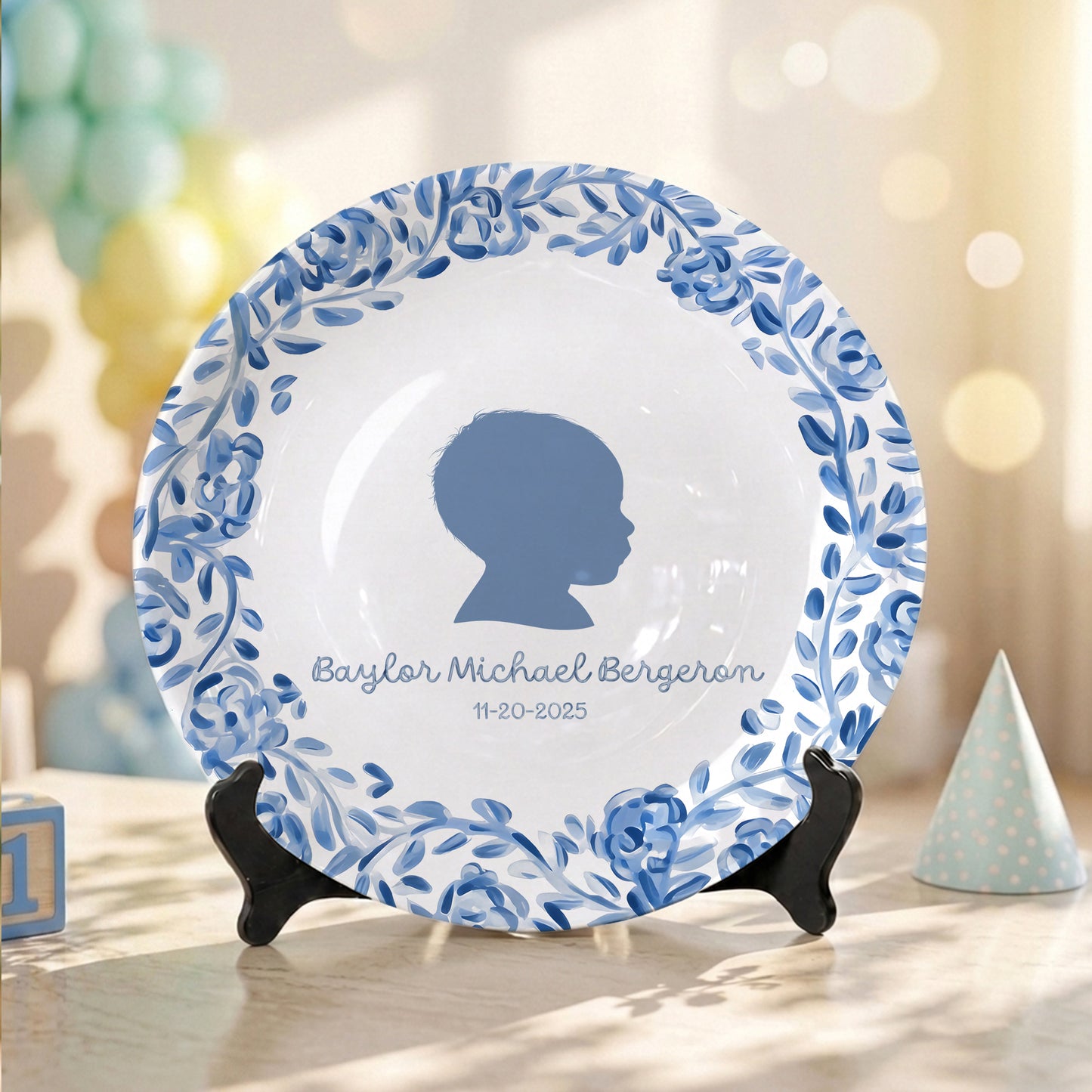 Blue Floral Silhouette Personalized Birthday Plate for Kids, Custom Name and Date Ceramic Keepsake P85LY90