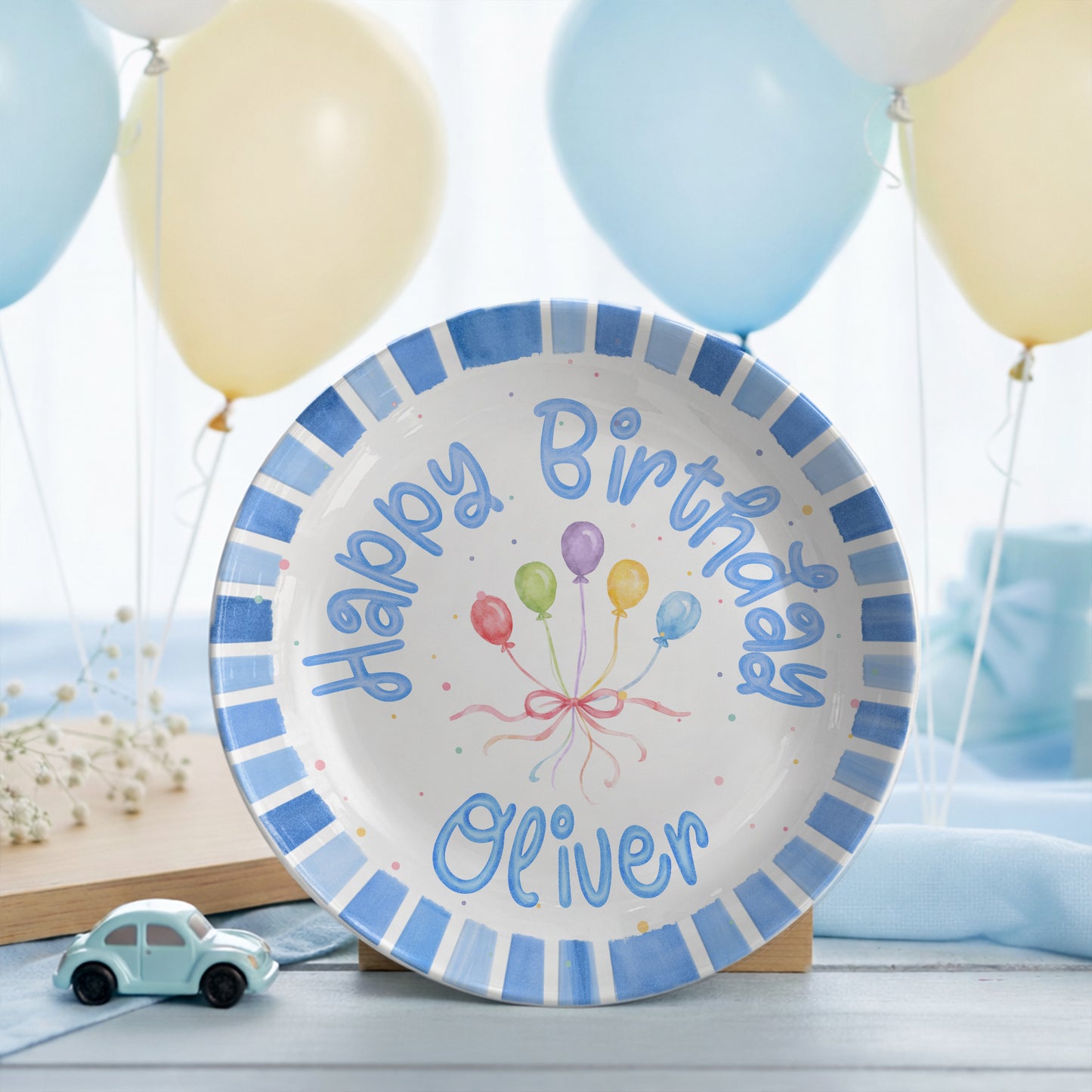 Blue Striped Balloon Personalized Birthday Plate P225XBR0