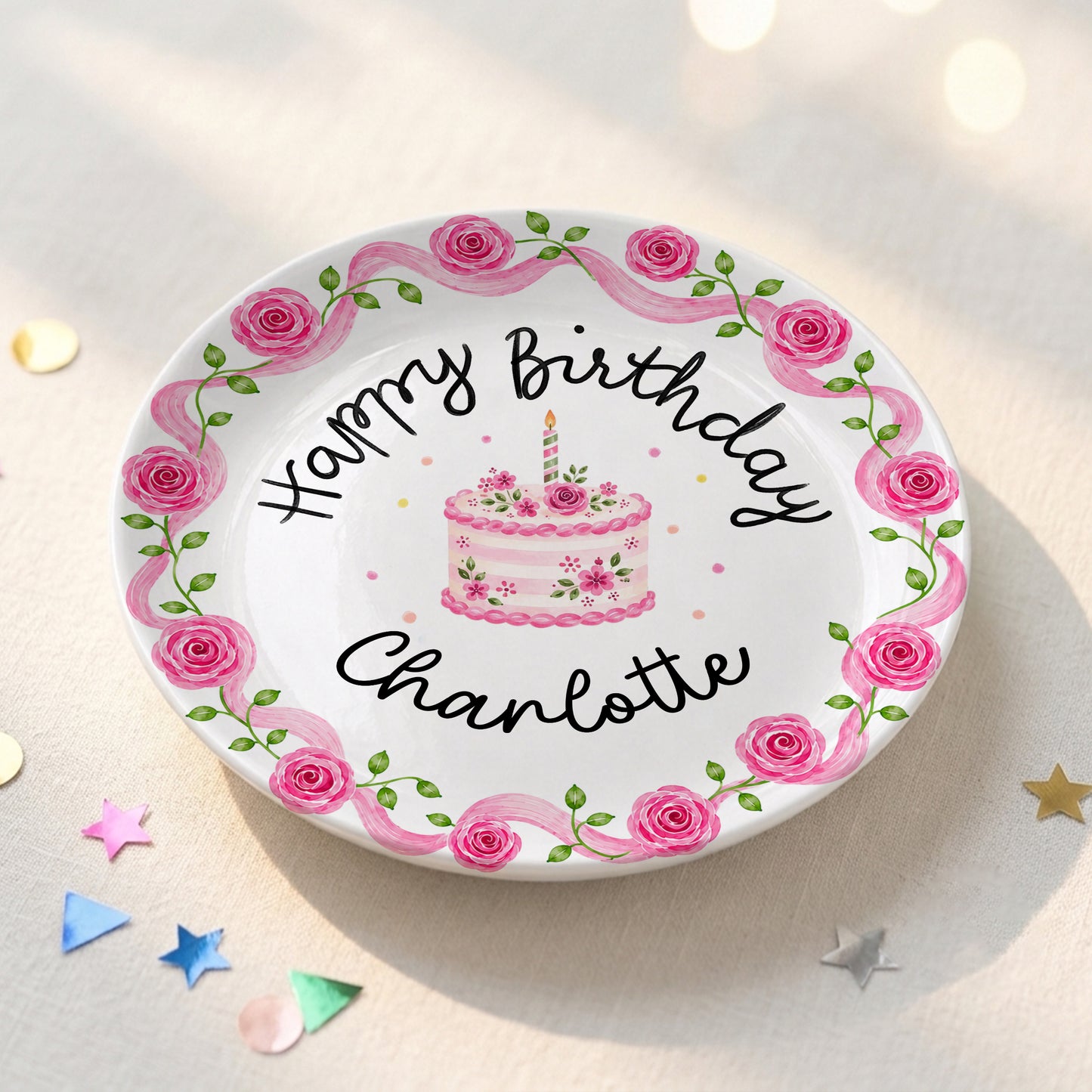 Pink Rose Cake Personalized Birthday Plate P729XQR0