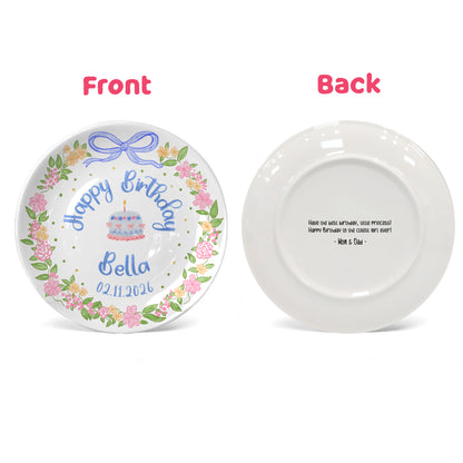 Blue Bow Flower Border Personalized Birthday Plate P311I7Y0